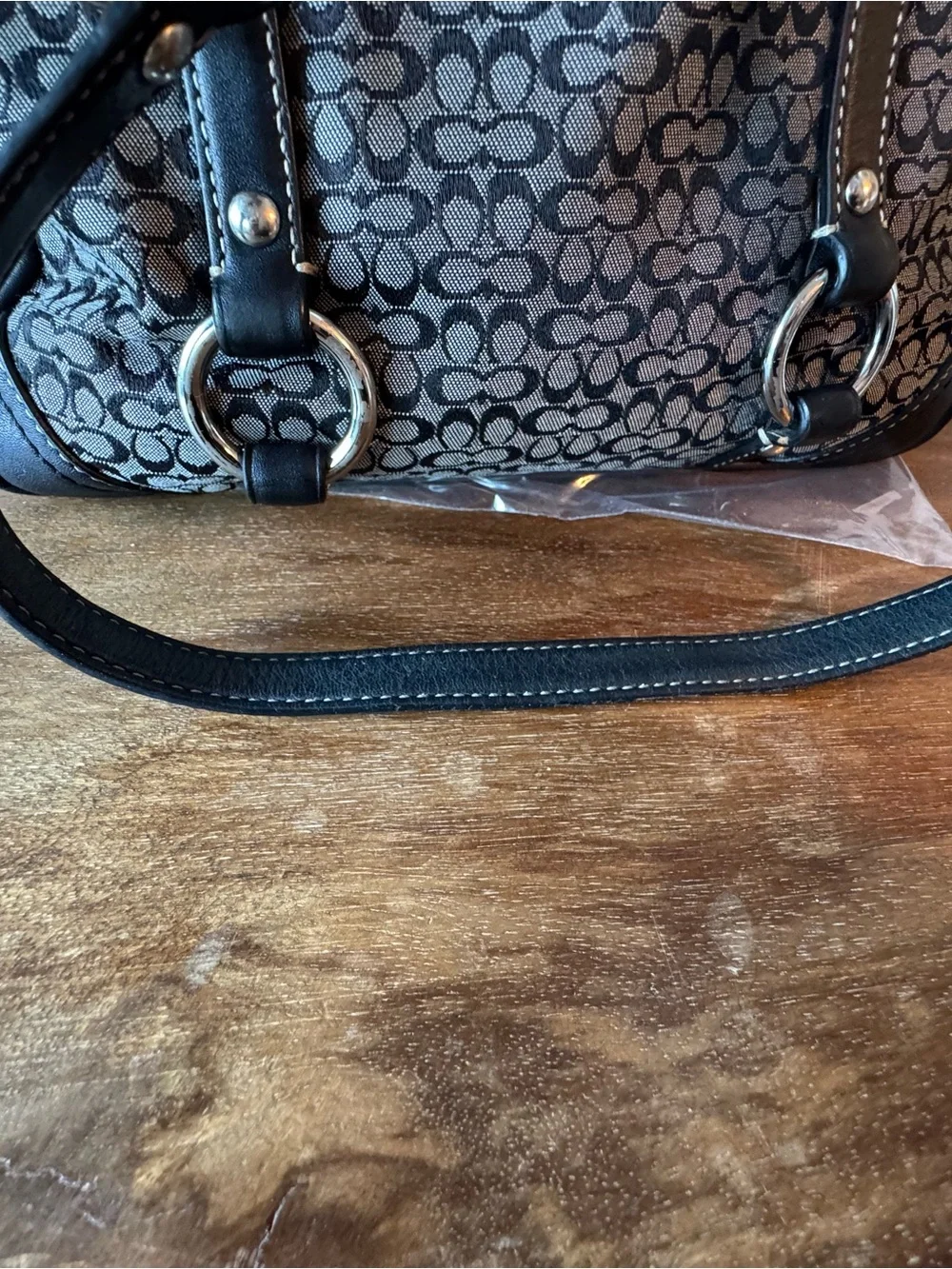 Coach Signature Pattern Black and Gray Tote with Leather Trim